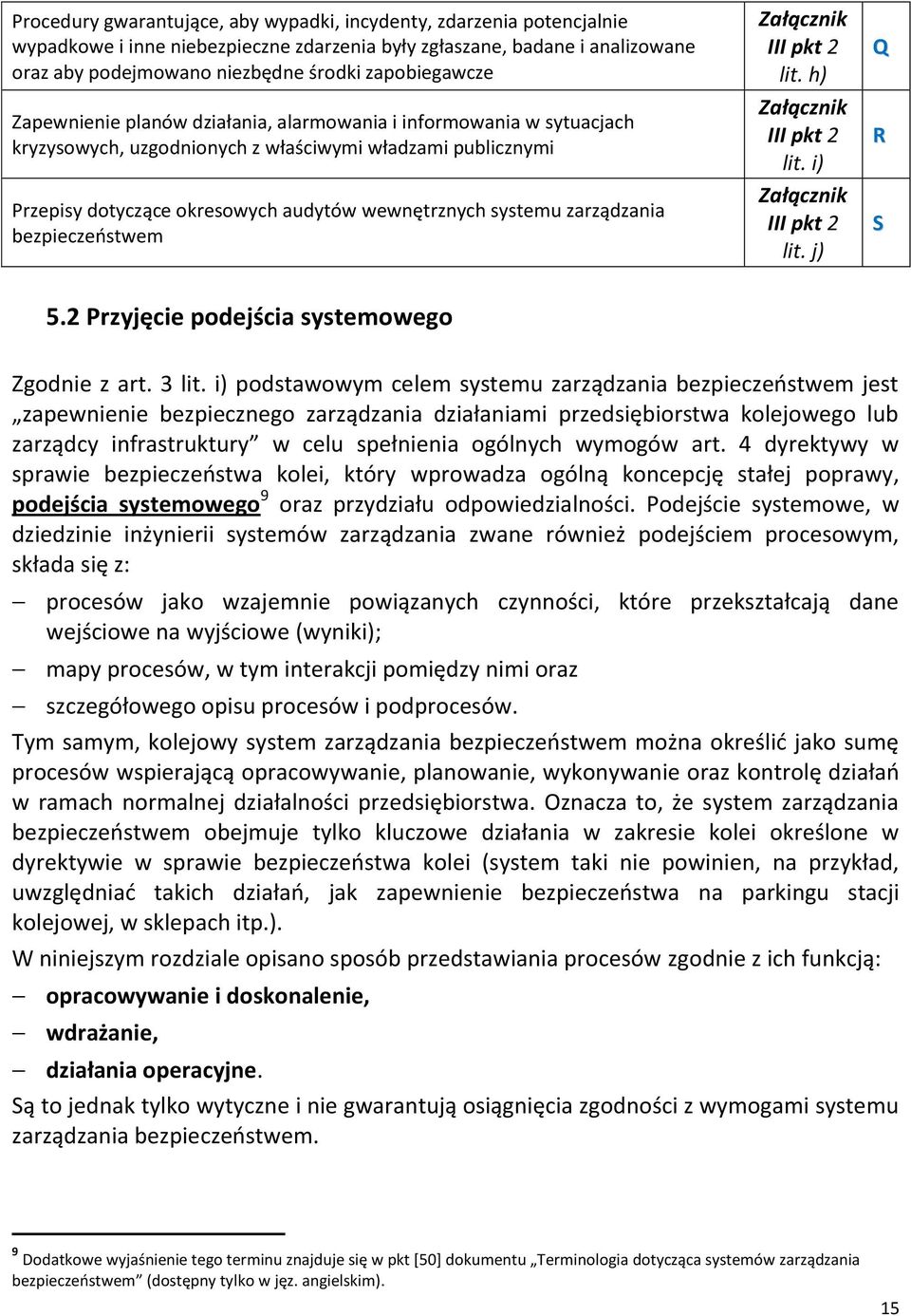 systemu zarządzania bezpieczeostwem Załącznik III pkt 2 lit. h) Załącznik III pkt 2 lit. i) Załącznik III pkt 2 lit. j) Q R S 5.2 Przyjęcie podejścia systemowego Zgodnie z art. 3 lit.