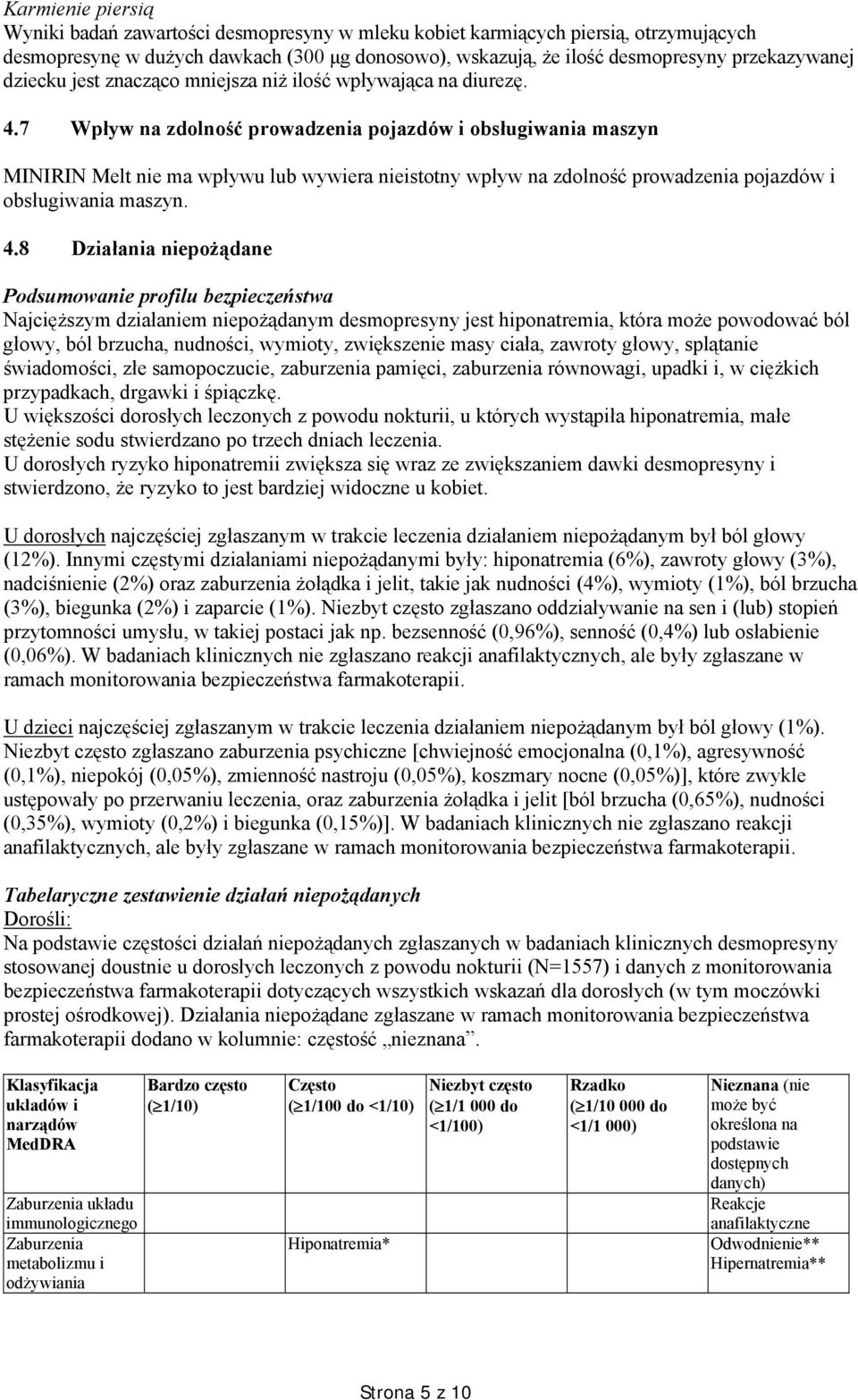 7 Wpływ na zdolność prowadzenia pojazdów i obsługiwania maszyn MINIRIN Melt nie ma wpływu lub wywiera nieistotny wpływ na zdolność prowadzenia pojazdów i obsługiwania maszyn. 4.