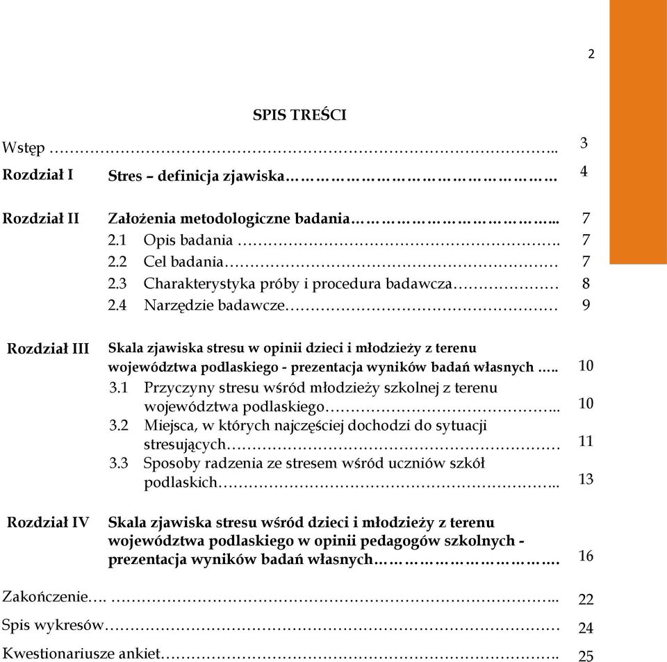 4 Narzędzie badawcze 9 Rozdział III Rozdział IV Skala zjawiska stresu w opinii dzieci i młodzieży z terenu województwa podlaskiego - prezentacja wyników badań własnych.. 10 3.