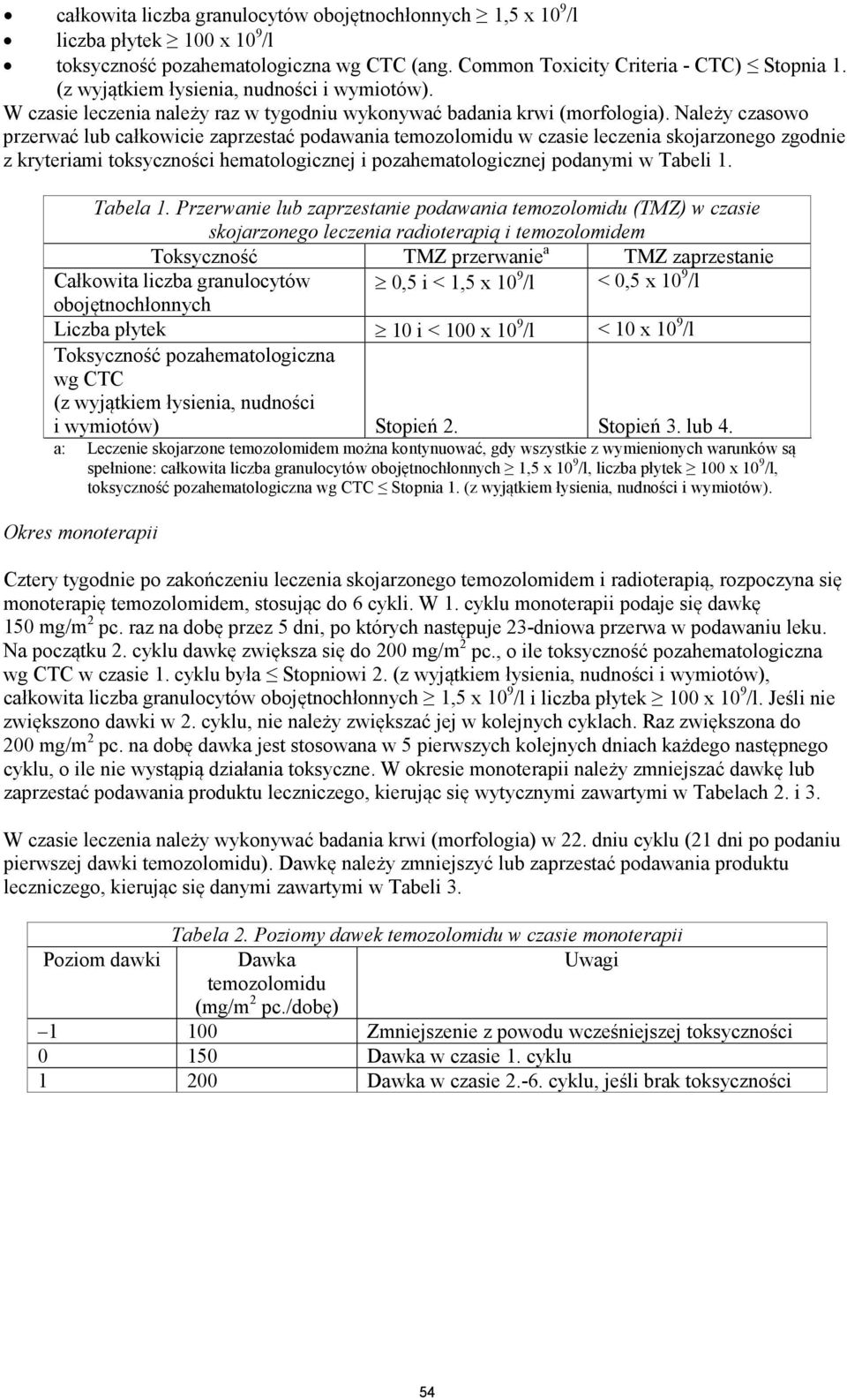 Należy czasowo przerwać lub całkowicie zaprzestać podawania temozolomidu w czasie leczenia skojarzonego zgodnie z kryteriami toksyczności hematologicznej i pozahematologicznej podanymi w Tabeli 1.