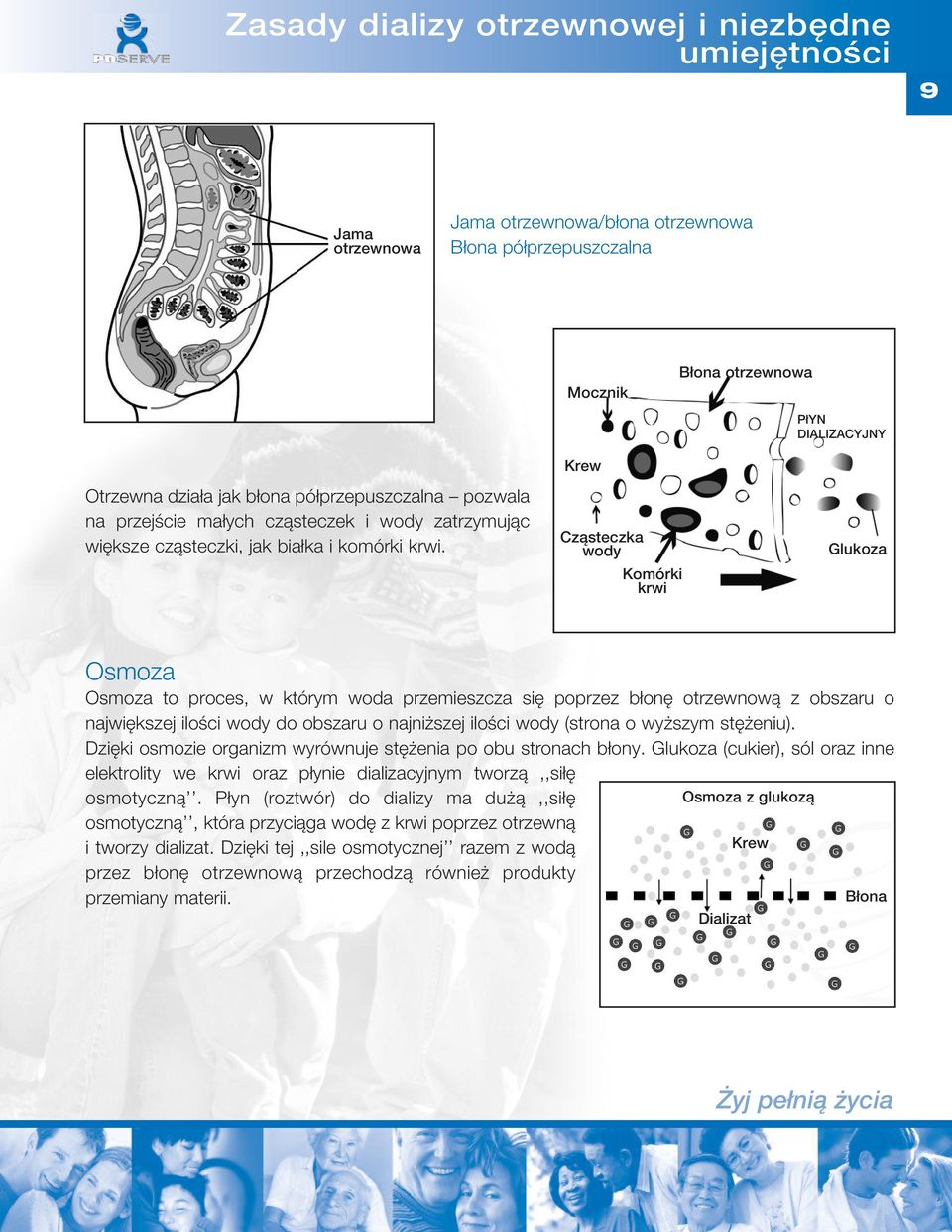 Krew Cząsteczka wody Komórki krwi PłYN DIALIZACYJNY Glukoza Osmoza Osmoza to proces, w którym woda przemieszcza się poprzez błonę otrzewnową z obszaru o największej ilości wody do obszaru o