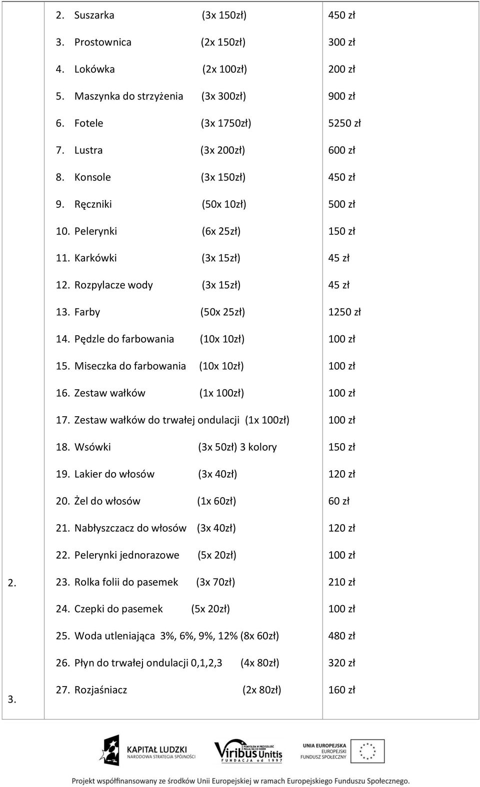 Zestaw wałków (1x 100zł) 17. Zestaw wałków do trwałej ondulacji (1x 100zł) 18. Wsówki (3x 50zł) 3 kolory 19. Lakier do włosów (3x 40zł) 20. Żel do włosów (1x 60zł) 21.