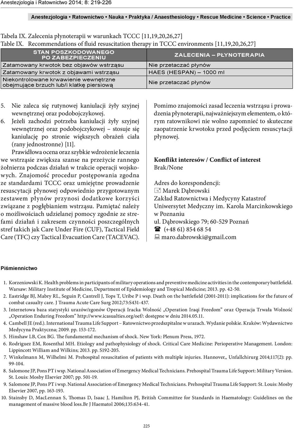 wstrząsu Niekontrolowane krwawienie wewnętrzne obejmujące brzuch lub/i klatkę piersiową ZALECENIA PŁYNOTERAPIA Nie przetaczać płynów HAES (HESPAN) 1000 ml Nie przetaczać płynów 5.