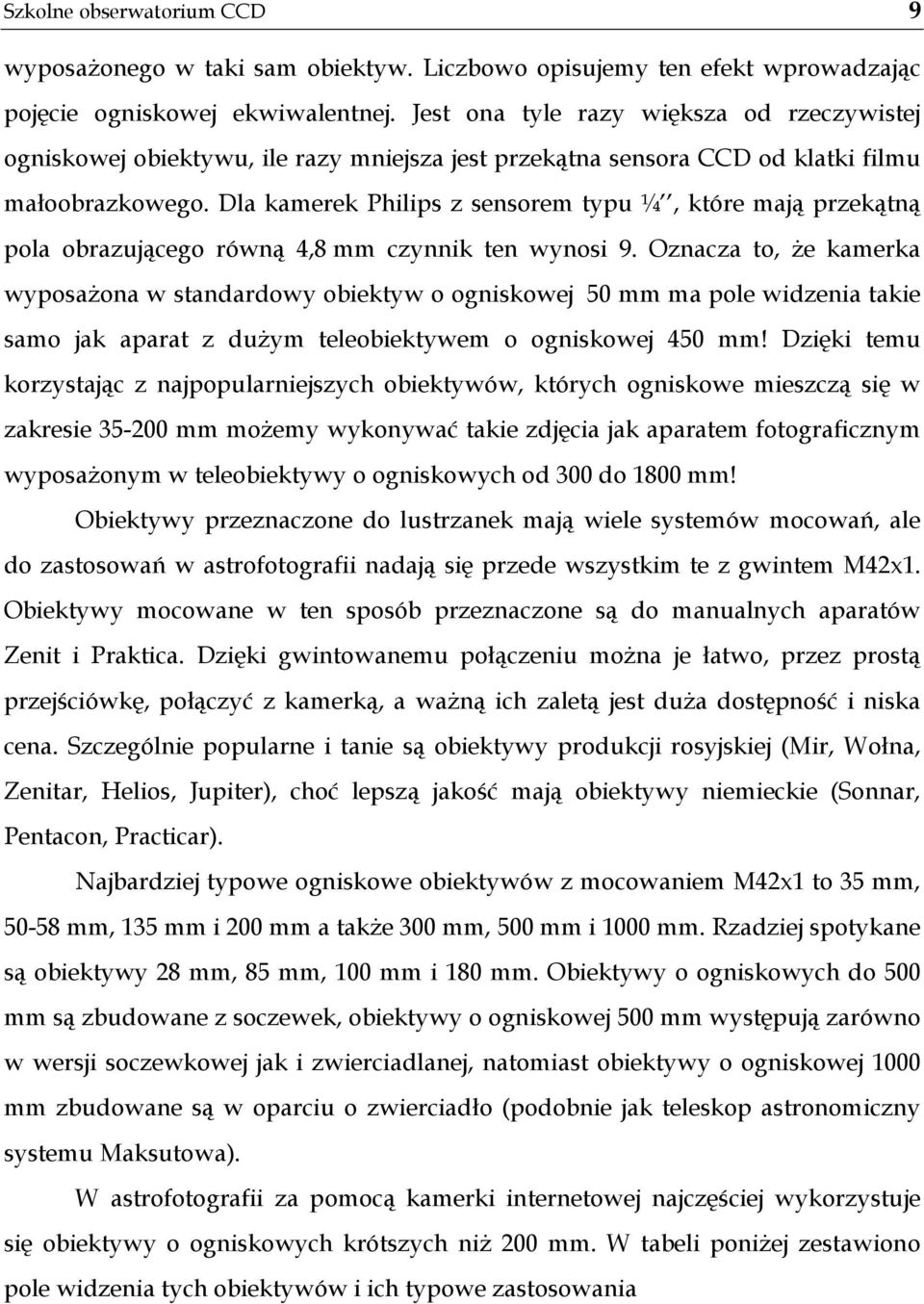 Dla kamerek Philips z sensorem typu ¼, które mają przekątną pola obrazującego równą 4,8 mm czynnik ten wynosi 9.