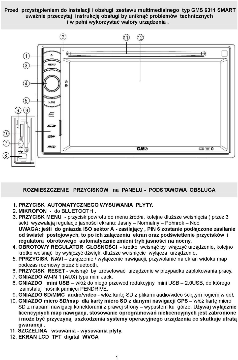 PRZYCISK MENU - przycisk powrotu do menu źródła, kolejne dłuższe wciśnięcia ( przez 3 sek) wyzwalają regulacje jasności ekranu: Jasny Normalny Półmrok Noc.