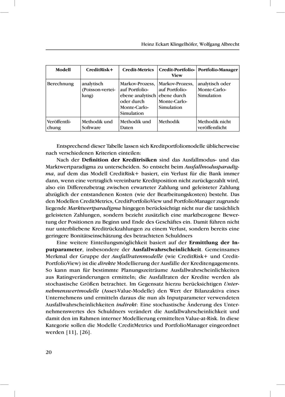 Monte-Carlo- Simulation Methodik nicht veröffentlicht Entsprechend dieser Tabelle lassen sich Kreditportfoliomodelle üblicherweise nach verschiedenen Kriterien einteilen: Nach der Definition der