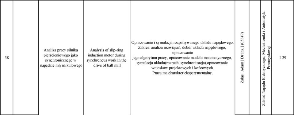 Zakres: analiza rozwiązań, dobór układu napędowego, opracowanie jego algorytmu pracy, opracowanie modelu matematycznego, symulacja