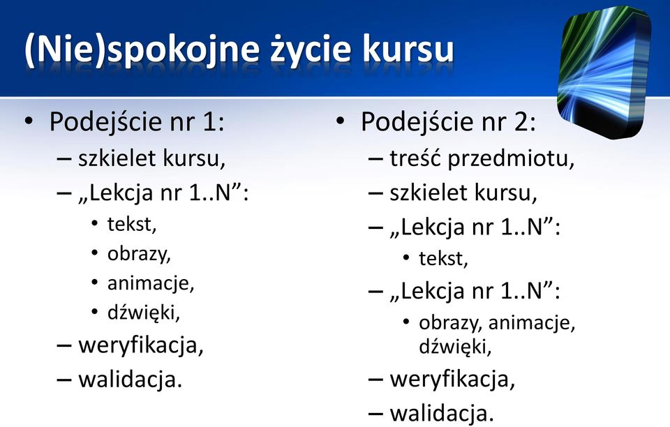 Podejście nr 2: treść przedmiotu, szkielet kursu, Lekcja nr 1.