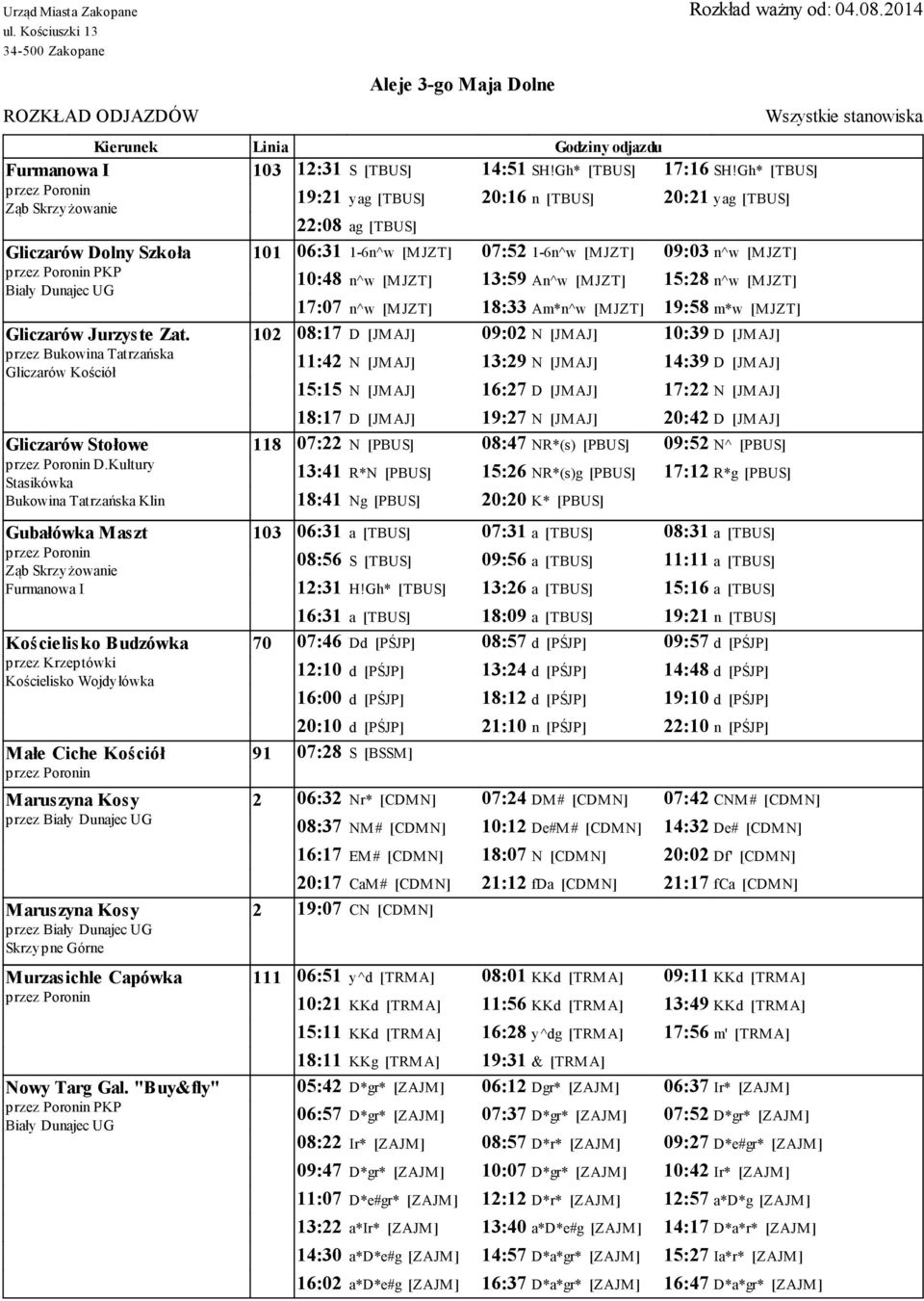 13:59 An^w [MJZT] 15:28 n^w [M JZT] PKP 17:07 n^w [M JZT] 18:33 Am*n^w [MJZT] 19:58 m*w [MJZT] Gliczarów Jurzyste Zat.
