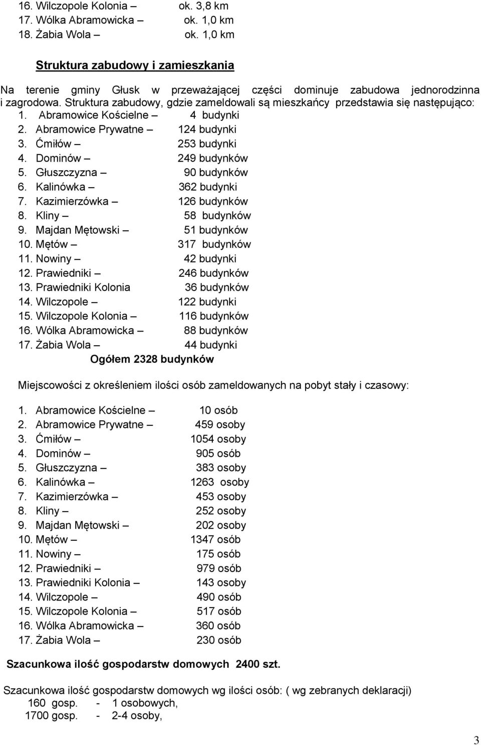 Struktura zabudowy, gdzie zameldowali są mieszkańcy przedstawia się następująco: 1. Abramowice Kościelne 4 budynki 2. Abramowice Prywatne 124 budynki 3. Ćmiłów 253 budynki 4. Dominów 249 budynków 5.