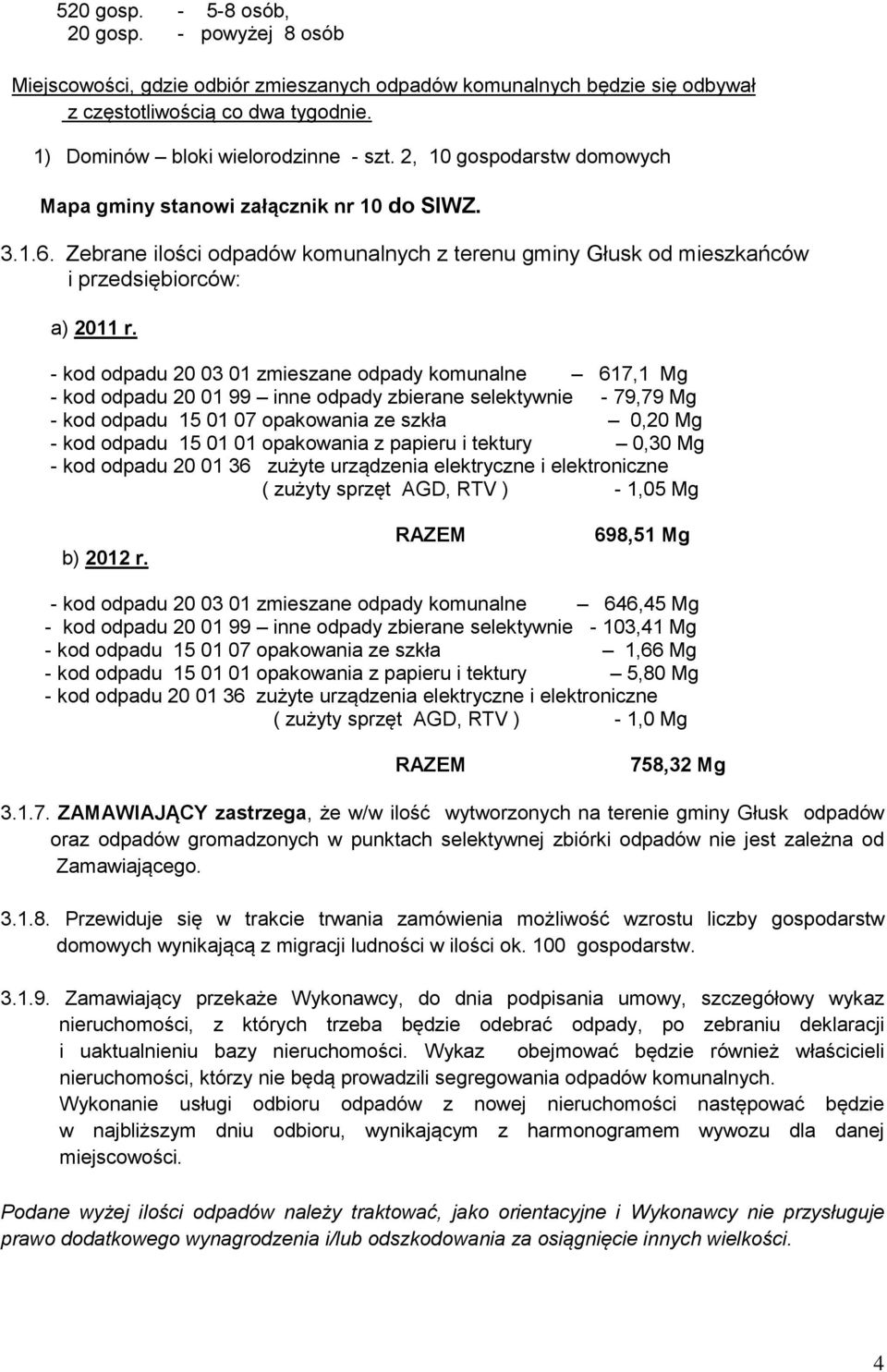 - kod odpadu 20 03 01 zmieszane odpady komunalne 617,1 Mg - kod odpadu 20 01 99 inne odpady zbierane selektywnie - 79,79 Mg - kod odpadu 15 01 07 opakowania ze szkła 0,20 Mg - kod odpadu 15 01 01