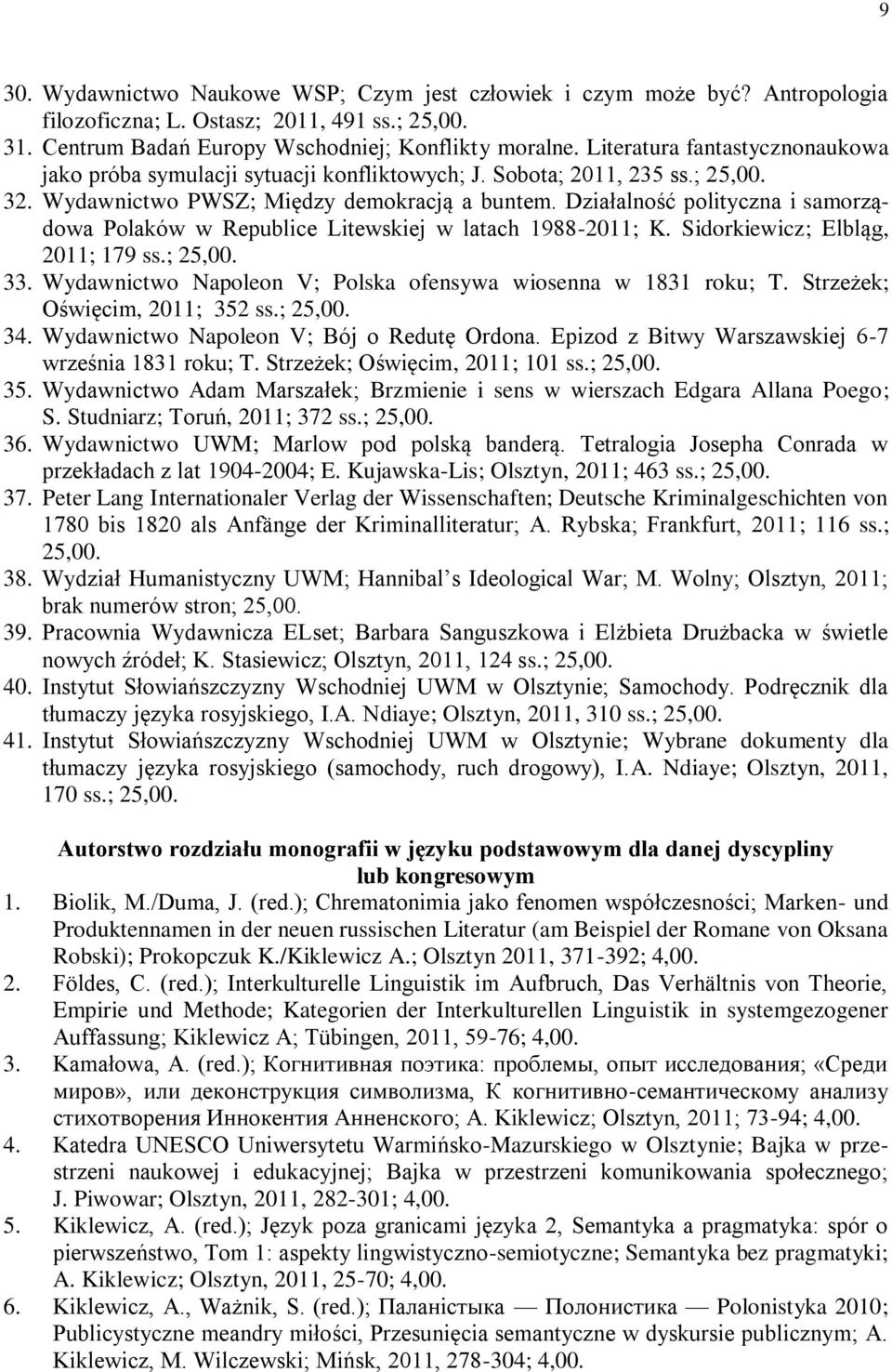 Działalność polityczna i samorządowa Polaków w Republice Litewskiej w latach 1988-2011; K. Sidorkiewicz; Elbląg, 2011; 179 ss.; 25,00. 33.