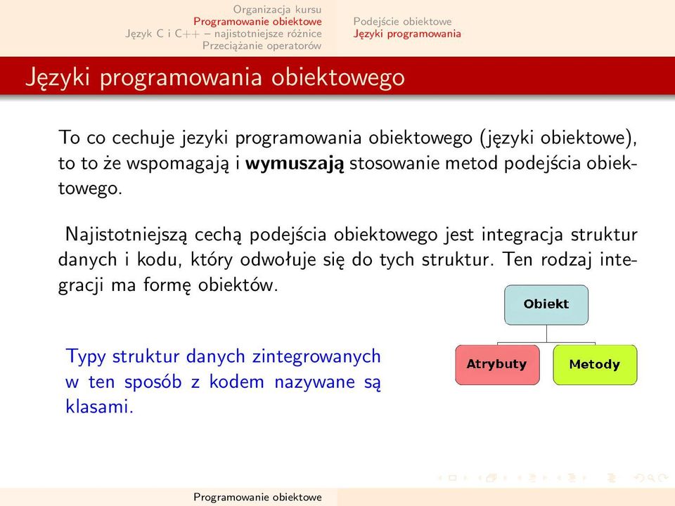Najistotniejszą cechą podejścia obiektowego jest integracja struktur danych i kodu, który odwołuje się do tych