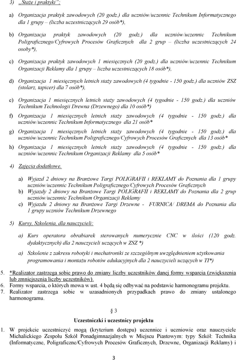 ) dla uczniów/uczennic Technikum Poligraficznego/Cyfrowych Procesów Graficznych dla 2 grup (liczba uczestniczących 24 osoby*), c) Organizacja praktyk zawodowych 1 miesięcznych (20 godz.