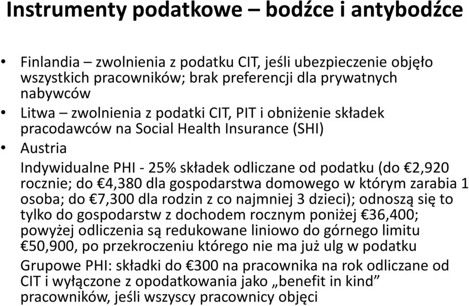 zarabia 1 osoba; do 7,300 dla rodzin z co najmniej 3 dzieci); odnoszą się to tylko do gospodarstw z dochodem rocznym poniżej 36,400; powyżej odliczenia są redukowane liniowo do górnego limitu 50,900,