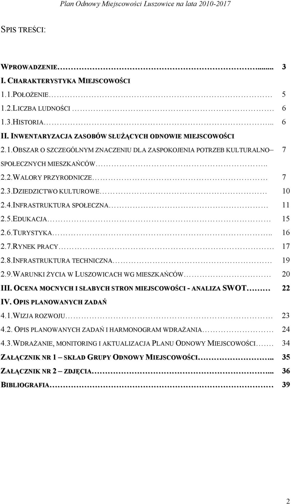 2.9.WARUNKI ŻYCIA W LUSZOWICACH WG MIESZKAŃCÓW 20 III. OCENA MOCNYCH I SŁABYCH STRON MIEJSCOWOŚCI - ANALIZA SWOT 22 IV. OPIS PLANOWANYCH ZADAŃ 4.1.WIZJA ROZWOJU 23 4.2. OPIS PLANOWANYCH ZADAŃ I HARMONOGRAM WDRAŻANIA 24 4.