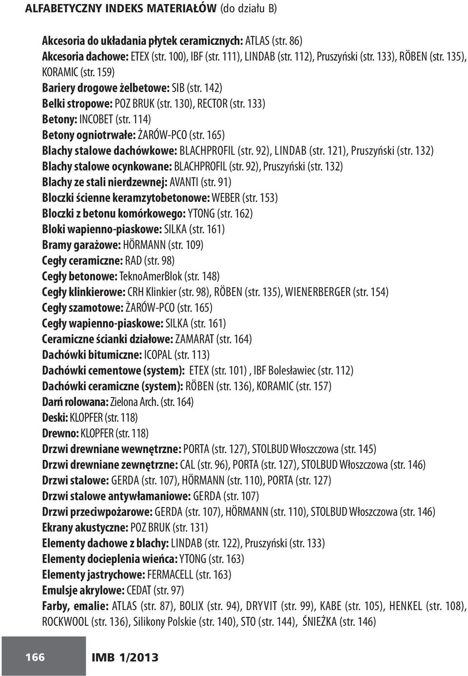 114) Betony ogniotrwałe: ŻARÓW-PCO (str. 165) Blachy stalowe dachówkowe: BLACHPROFIL (str. 92), LINDAB (str. 121), Pruszyński (str. 132) Blachy stalowe ocynkowane: BLACHPROFIL (str.