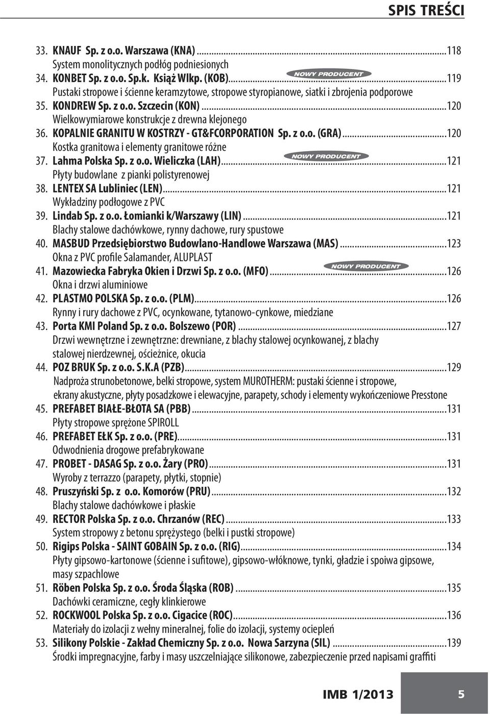 KOPALNIE GRANITU W KOSTRZY - GT&FCORPORATION Sp. z o.o. (GRA)...120 Kostka granitowa i elementy granitowe różne NOWY PRODUCENT 37. Lahma Polska Sp. z o.o. Wieliczka (LAH).