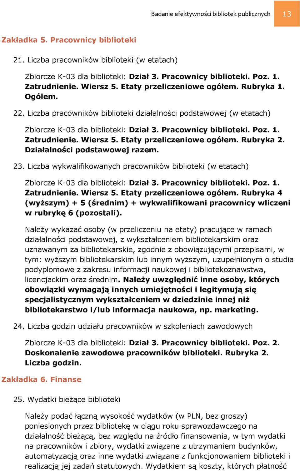 Wiersz 5. Etaty przeliczeniowe ogółem. Rubryka 2. Działalności podstawowej razem. 23. Liczba wykwalifikowanych pracowników biblioteki (w etatach) Zbiorcze K-03 dla biblioteki: Dział 3.