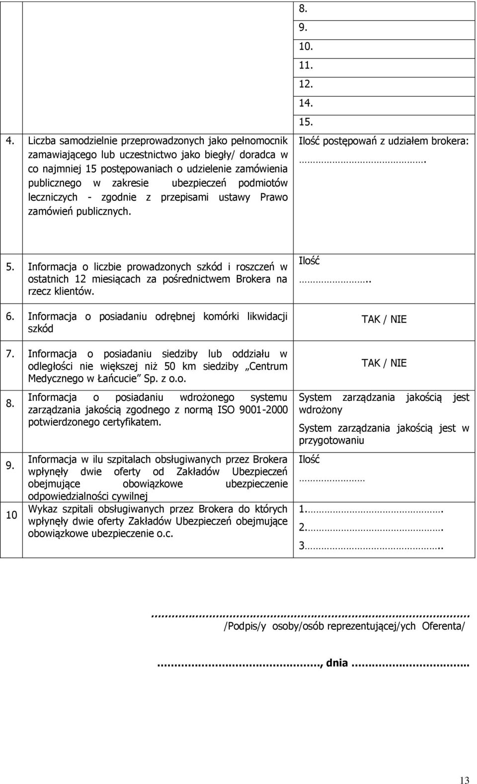 podmiotów leczniczych - zgodnie z przepisami ustawy Prawo zamówień publicznych. Ilość postępowań z udziałem brokera:. 5.