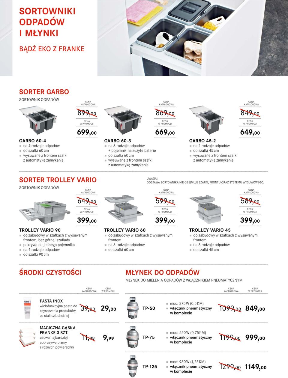 frontem szafki z automatyką zamykania 649,00 SORTER TROLLEY VARIO SORTOWNIK ODPADÓW TROLLEY VARIO 90 do zabudowy w szafkach z wysuwanym frontem, bez górnej szuflady pokrywa do jednego pojemnika na 4