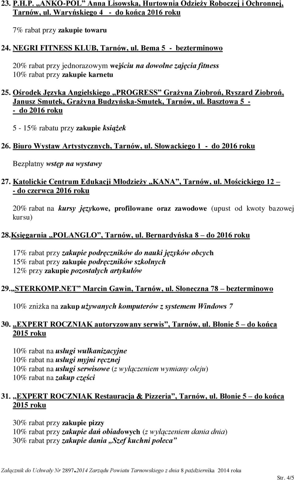 Ośrodek Języka Angielskiego PROGRESS Grażyna Ziobroń, Ryszard Ziobroń, Janusz Smutek, Grażyna Budzyńska-Smutek, Tarnów, ul. Basztowa 5 - - do 2016 roku 5-15% rabatu przy zakupie książek 26.