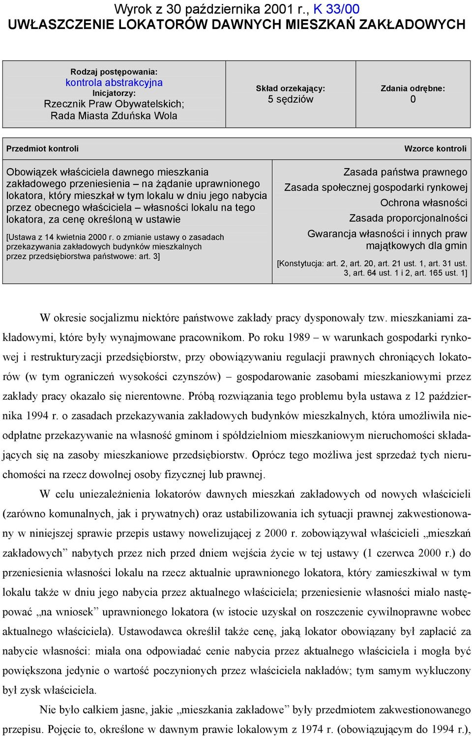 Zdania odrębne: 0 Przedmiot kontroli Wzorce kontroli Obowiązek właściciela dawnego mieszkania zakładowego przeniesienia na żądanie uprawnionego lokatora, który mieszkał w tym lokalu w dniu jego