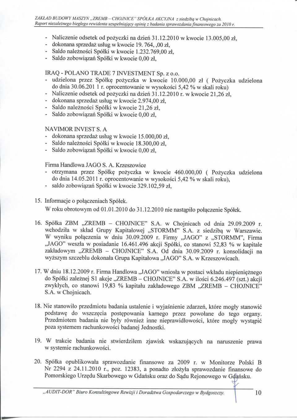 769,00 zl, Saldo zobowiqzan Spoiki w kwocie 0,00 zl, IRAQ POLANO TRADE 7 INVESTMENT Sp. z o.o. udzielona przez Spolkq: pozyczka w kwocie 10.000,00 zl ( Pozyczka udzielona do dnia 30.06.201 1 r.