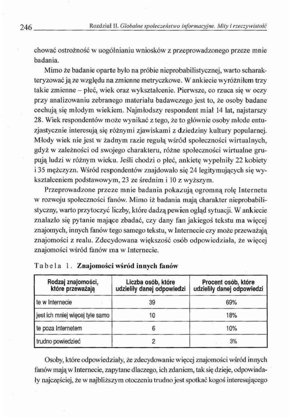 Pierwsze, co rzuca się w oczy przy analizowaniu zebranego materiału badawczego jest to, że osoby badane ce-chują się młodym wiekiem. Najmłodszy respondent miał 14 łat, najstarszy 28:.