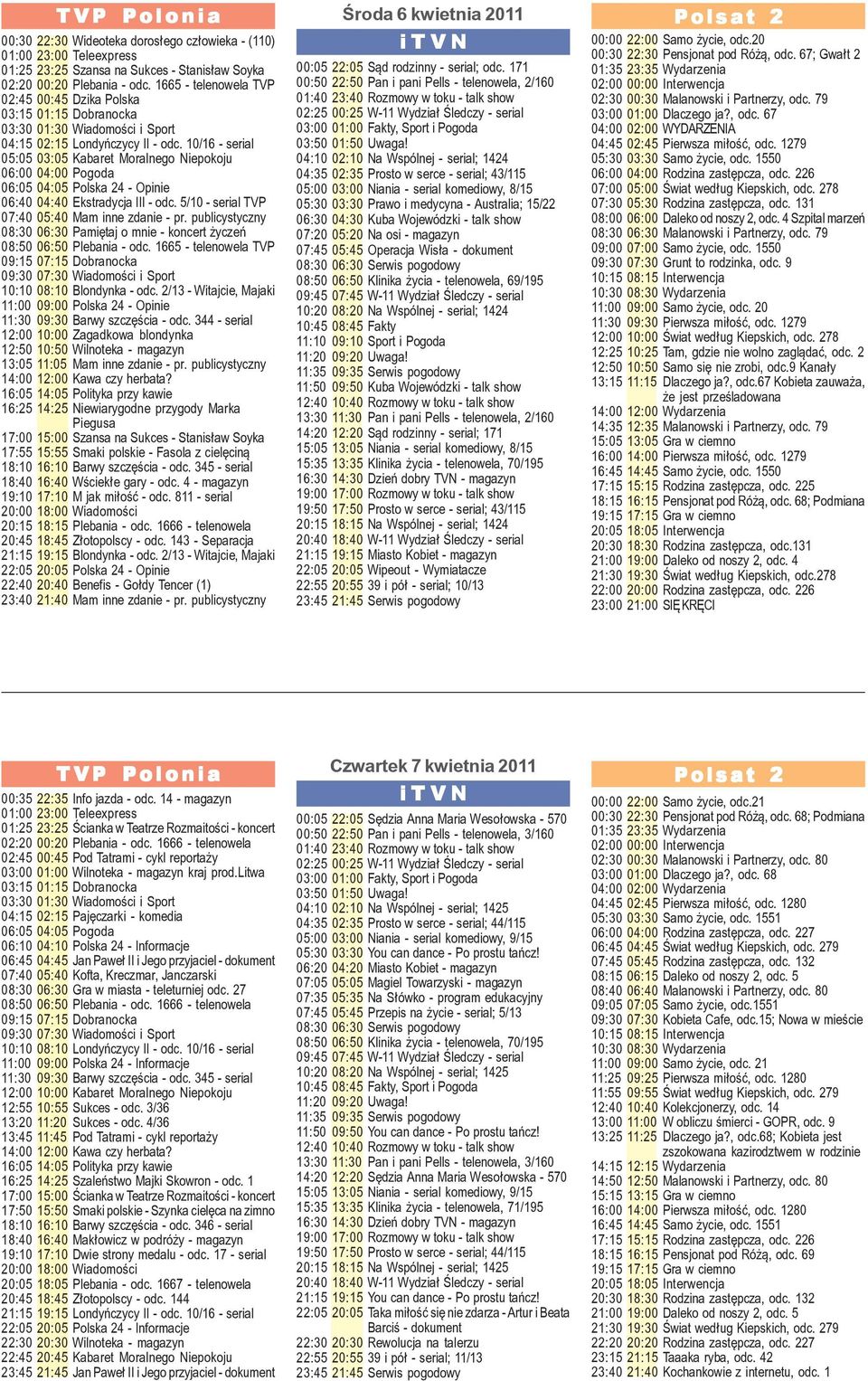 5/10 - serial TVP 07:40 05:40 Mam inne zdanie - pr. publicystyczny 08:50 06:50 Plebania - odc. 1665 - telenowela TVP 10:10 08:10 Blondynka - odc.