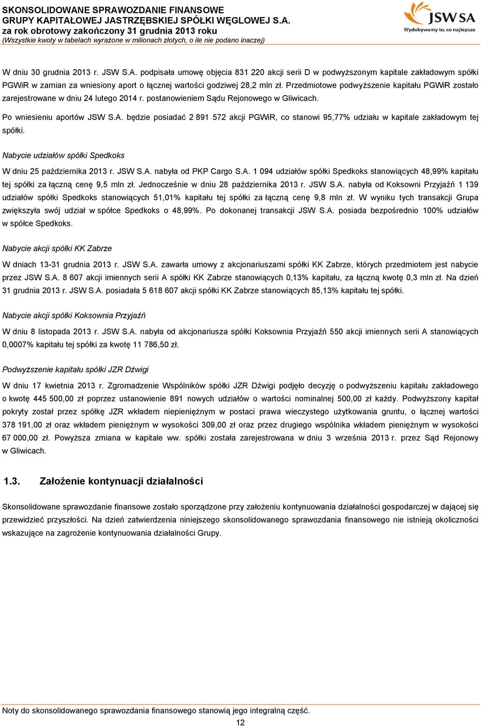 będzie posiadać 2 891 572 akcji PGWiR, co stanowi 95,77% udziału w kapitale zakładowym tej spółki. Nabycie udziałów spółki Spedkoks W dniu 25 października 2013 r. JSW S.A.