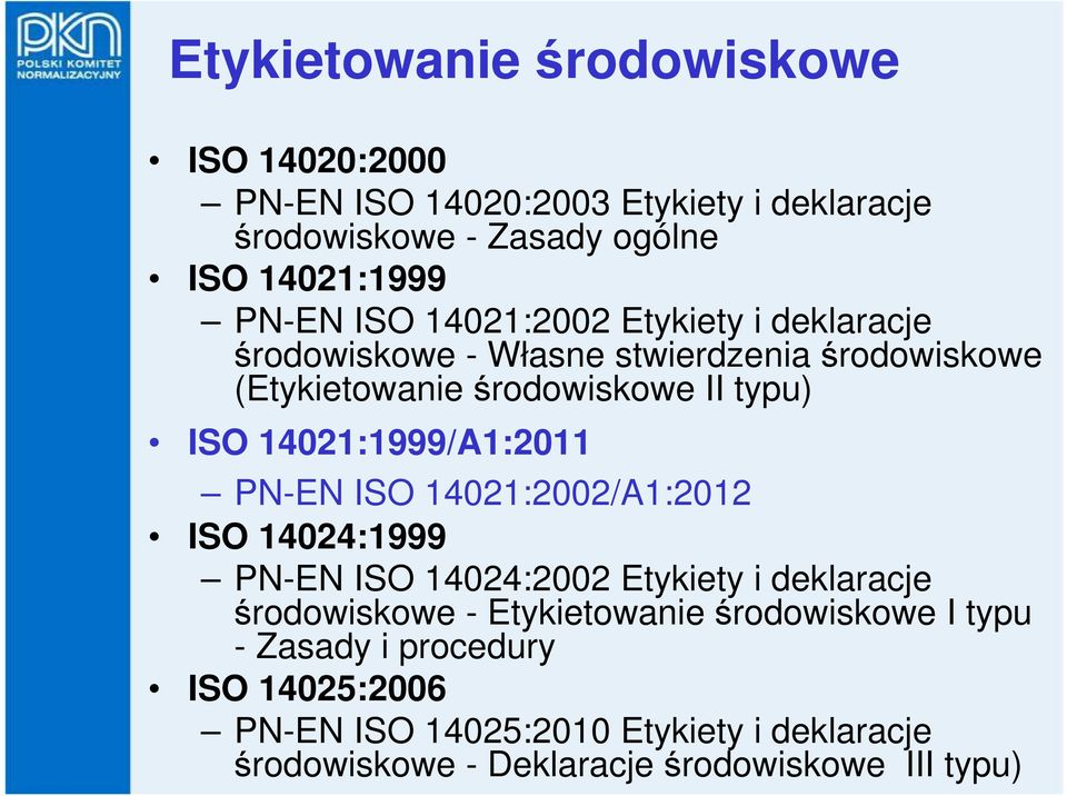 14021:1999/A1:2011 PN-EN ISO 14021:2002/A1:2012 ISO 14024:1999 PN-EN ISO 14024:2002 Etykiety i deklaracje środowiskowe - Etykietowanie
