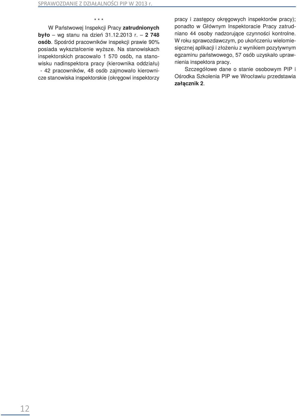 Na stanowiskach inspektorskich pracowało 1 570 osób, na stanowisku nadinspektora pracy (kierownika oddziału) - 42 pracowników, 48 osób zajmowało kierownicze stanowiska inspektorskie (okręgowi