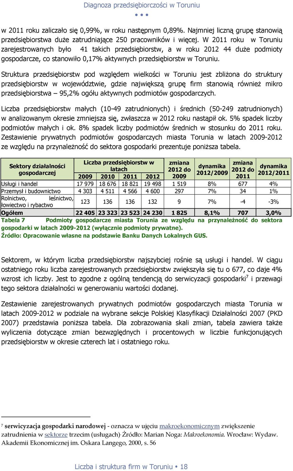 Struktura przedsiębiorstw pod względem wielkości w Toruniu jest zbliżona do struktury przedsiębiorstw w województwie, gdzie największą grupę firm stanowią również mikro przedsiębiorstwa 95,2% ogółu