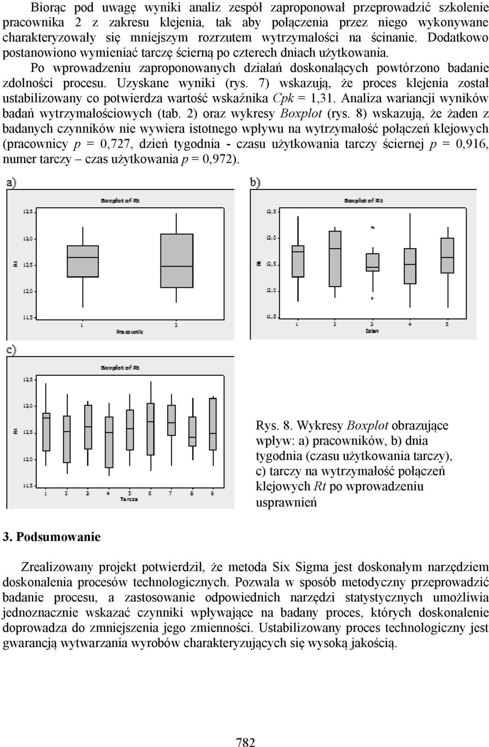 Uzyskane wyniki (rys. 7) wskazują, że proces klejenia został ustabilizowany co potwierdza wartość wskaźnika Cpk = 1,31. Analiza wariancji wyników badań wytrzymałościowych (tab.