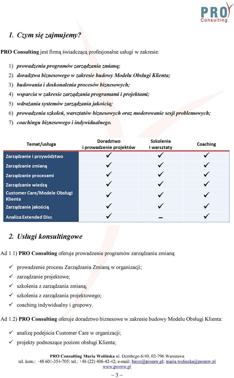 doskonalenia procesów biznesowych; 4) wsparcia w zakresie zarządzania programami i projektami; 5) wdrażania systemów zarządzania jakością; 6) prowadzenia szkoleń, warsztatów biznesowych oraz