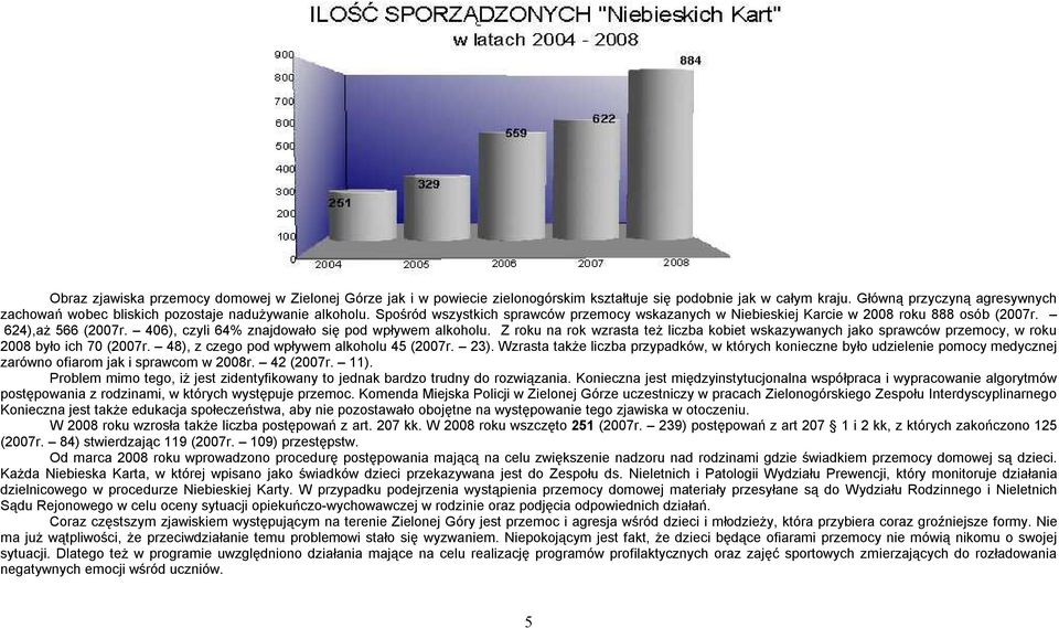 624),aż 566 (2007r. 406), czyli 64% znajdowało się pod wpływem alkoholu. Z roku na rok wzrasta też liczba kobiet wskazywanych jako sprawców przemocy, w roku 2008 było ich 70 (2007r.