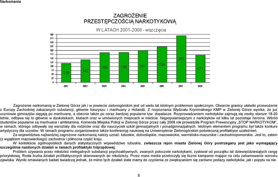 Z rozpoznania Wydziału Kryminalnego KMP w Zielonej Górze wynika, że już uczniowie gimnazjów sięgają po marihuanę, a obecnie także po coraz bardziej popularne tzw. dopalacze.