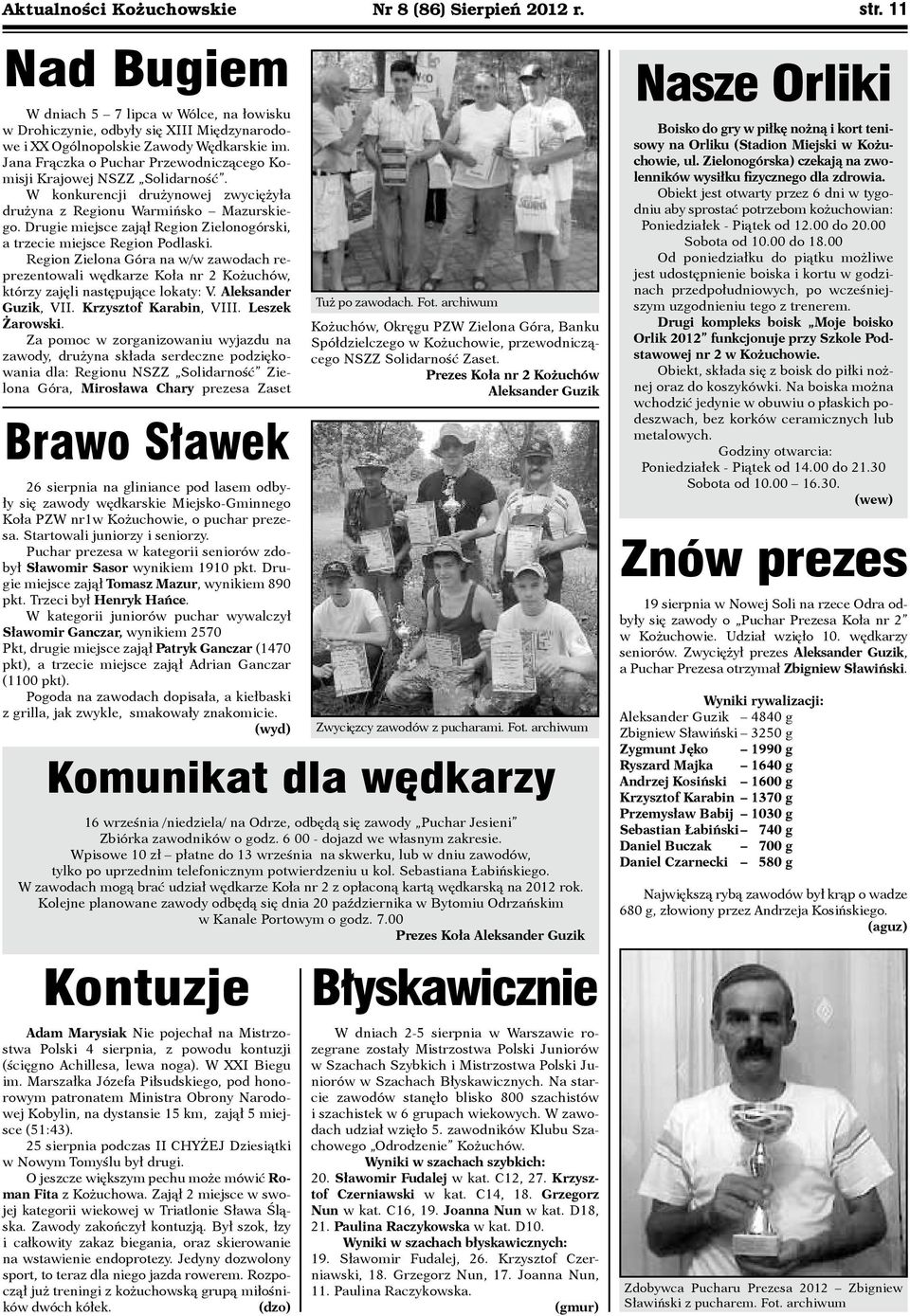 Drugie miejsce zajął Region Zielonogórski, a trzecie miejsce Region Podlaski. Region Zielona Góra na w/w zawodach reprezentowali wędkarze Koła nr 2 Kożuchów, którzy zajęli następujące lokaty: V.