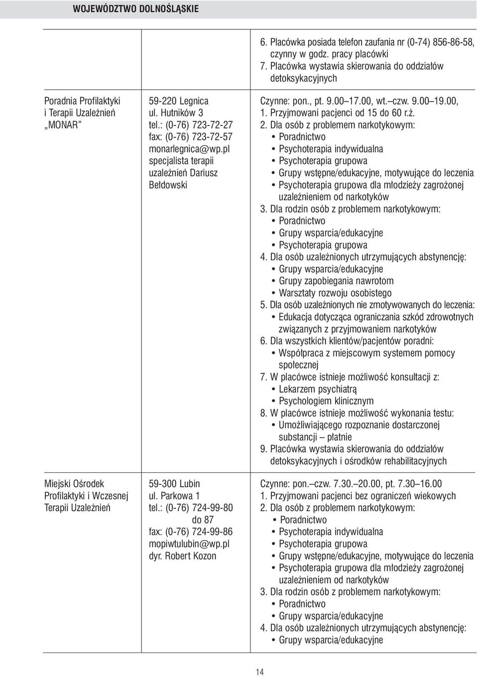 Przyjmowani pacjenci od 15 do 60 r.. MONAR tel.: (0-76) 723-72-27 2. Dla osób z problemem narkotykowym: fax: (0-76) 723-72-57 monarlegnica@wp.