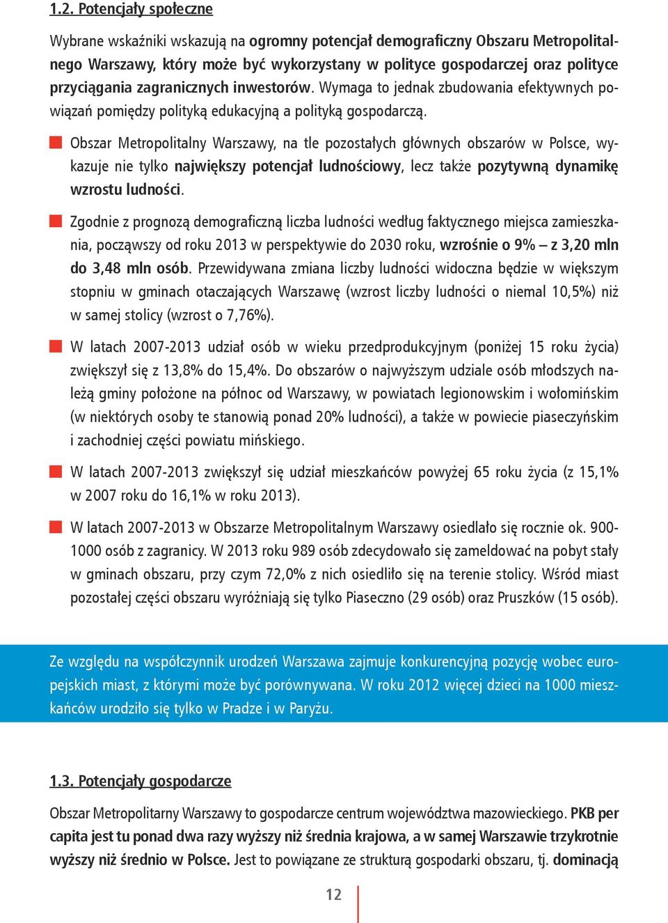 Obszar Metropolitalny Warszawy, na tle pozostałych głównych obszarów w Polsce, wykazuje nie tylko największy potencjał ludnościowy, lecz także pozytywną dynamikę wzrostu ludności.