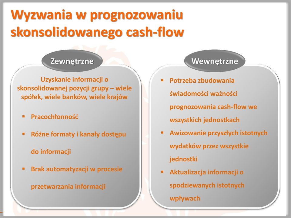 przetwarzania informacji Wewnętrzne Potrzeba zbudowania świadomości ważności prognozowania cash-flow we wszystkich