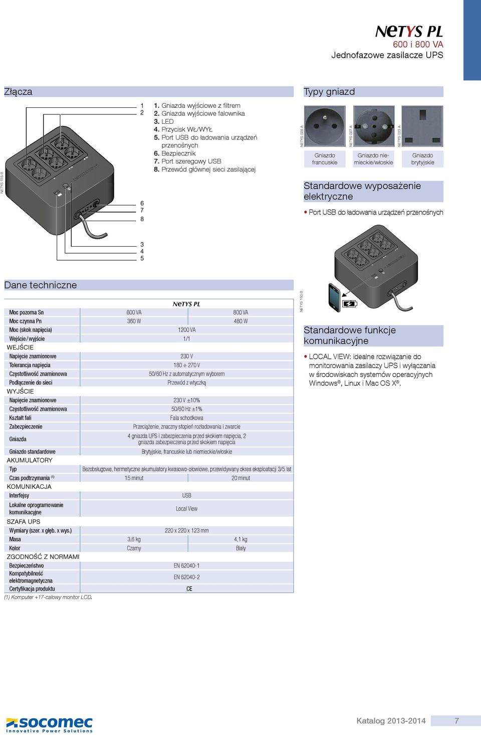 Przewód głównej sieci zasilającej NETYS 0 A Gniazdo francuskie NETYS 07 A Gniazdo niemieckie/włoskie Standardowe wyposażenie elektryczne Port USB do ładowania urządzeń przenośnych NETYS 0 A Gniazdo