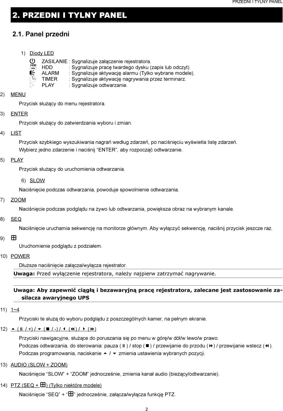 3) ENTER Przycisk służący do zatwierdzania wyboru i zmian. 4) LIST Przycisk szybkiego wyszukiwania nagrań według zdarzeń, po naciśnięciu wyświetla listę zdarzeń.