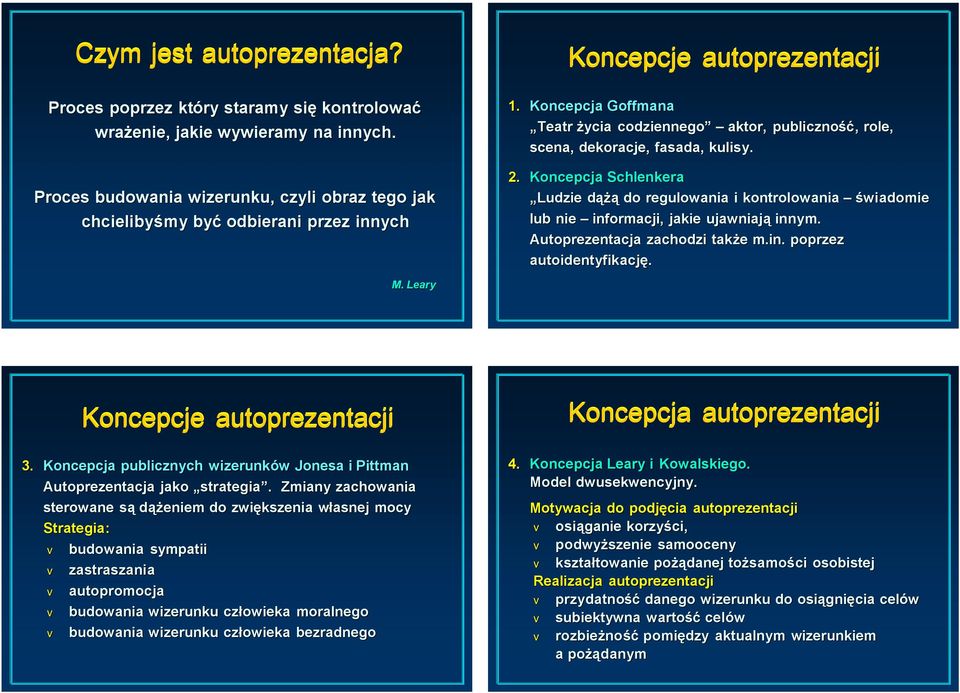 Koncepcja Goffmana Teatr życia codziennego aktor, publiczność ść,, role, scena, dekoracje, fasada, kulisy. 2.