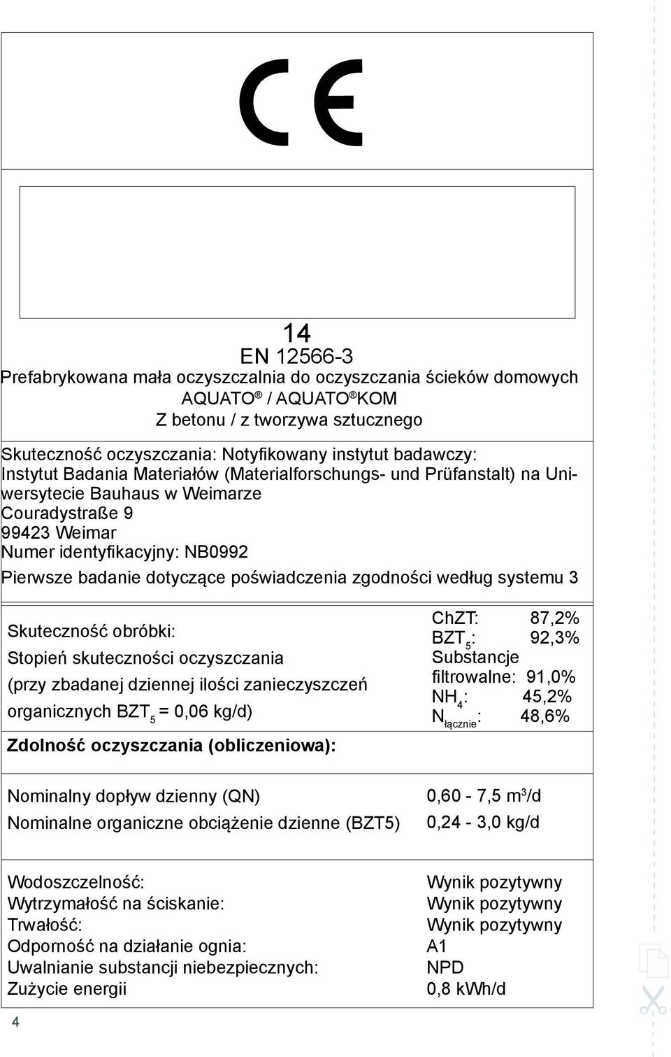 poświadczenia zgodności według systemu 3 Skuteczność obróbki: Stopień skuteczności oczyszczania (przy zbadanej dziennej ilości zanieczyszczeń organicznych BZT 5 = 0,06 kg/d) Zdolność oczyszczania