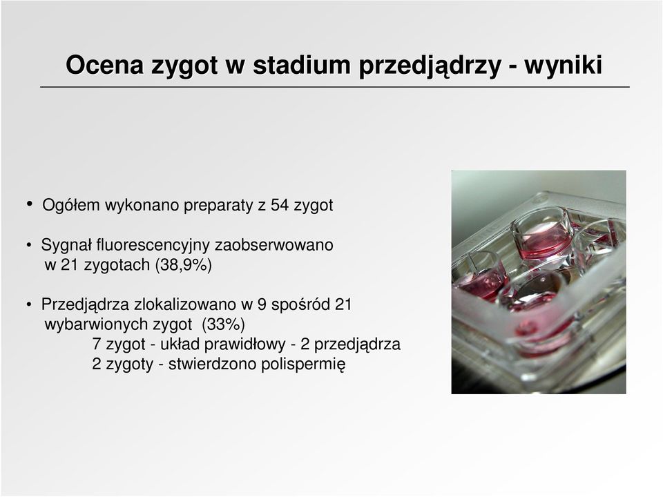 (38,9%) Przedjądrza zlokalizowano w 9 spośród 21 wybarwionych zygot