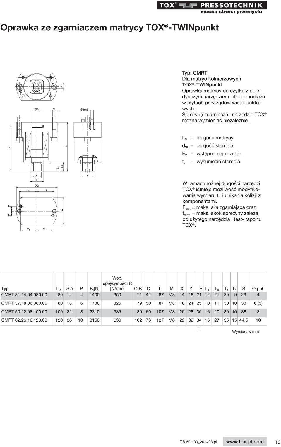 L1 LSt L3 L L M d St F V f v długość matrycy długość stempla wstępne naprężenie wysunięcie stempla T2 T2 S T1 X E ØB S T1 C Y W ramach różnej długości narzędzi TOX istnieje możliwość modyfikowania