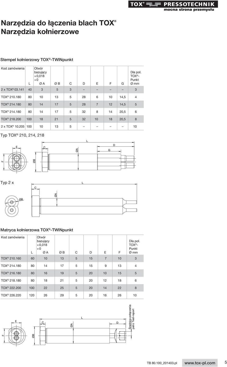 205 100 10 13 5 10 Typ TOX 210, 214, 218 E C ØA L G D F ØB Typ 2 x C L ØB ØA Matryca kołnierzowa TOX -TWINpunkt Kod zamówienia L Otwór bazujący + 0,018 + 0 Ø A Ø B C D E F Dla poł.