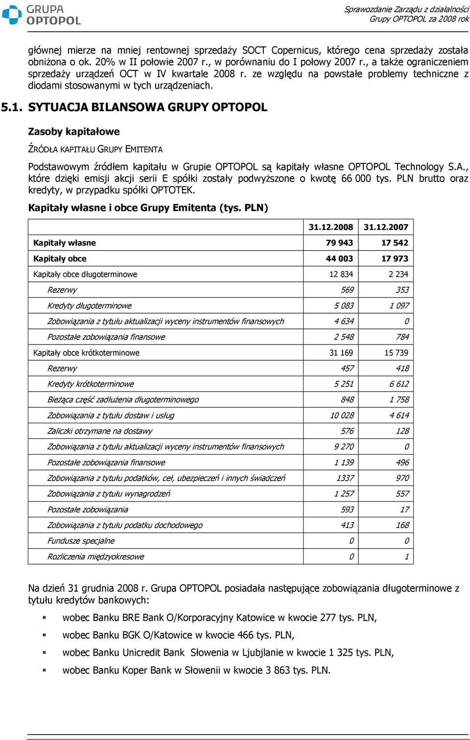 SYTUACJA BILANSOWA GRUPY OPTOPOL Zasoby kapitałowe ŹRÓDŁA KAPITAŁU GRUPY EMITENTA Podstawowym źródłem kapitału w Grupie OPTOPOL są kapitały własne OPTOPOL Technology S.A., które dzięki emisji akcji serii E spółki zostały podwyŝszone o kwotę 66 000 tys.